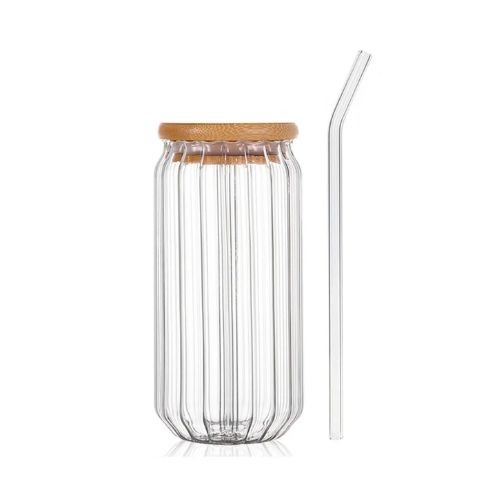 Glass Ripple Juice Can with Bamboo lid - 500ml