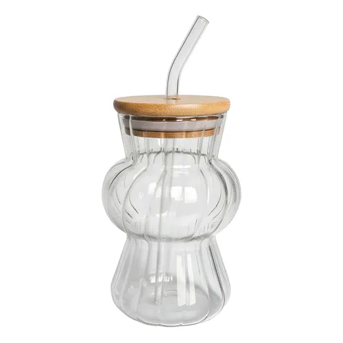 450ml Striped Borosilicate Glass Cup w/ Wood Lid & Straw - Unique Waved Ribbed Design for Juice, Milk Tea