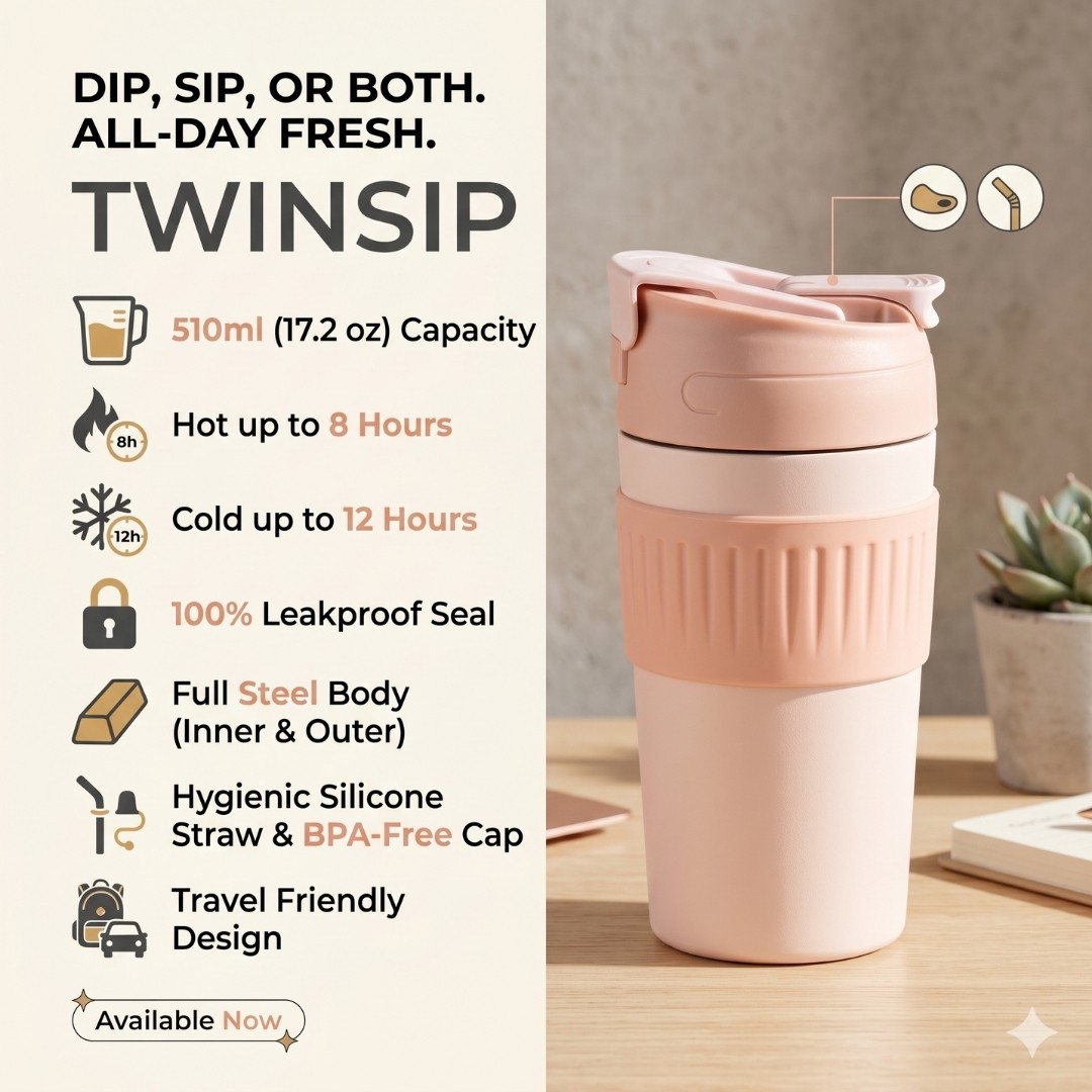 510ml Twin Sip Insulated coffee Tumbler - Lite Pink