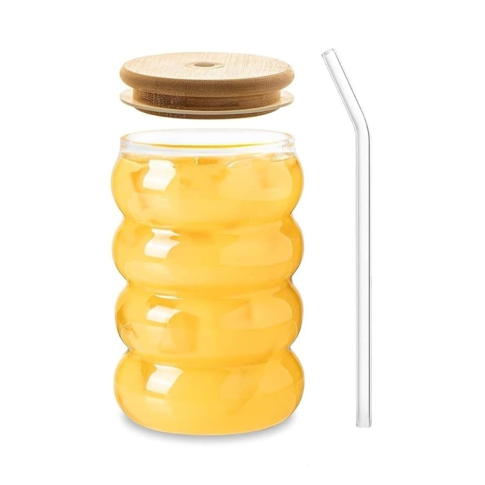 Wavy Round Juice Jar with Bamboo Lid & Straw - 500ml