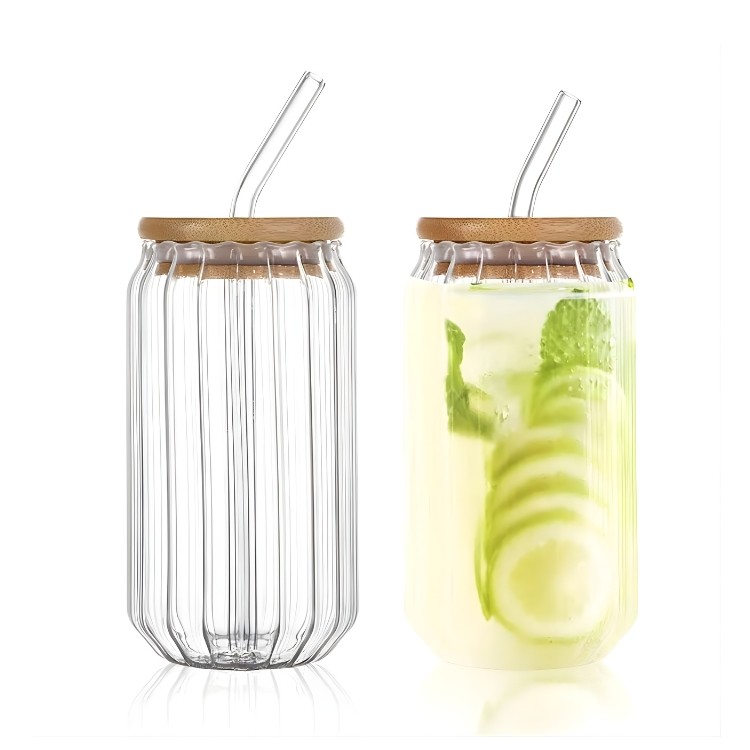 Glass Ripple Juice Can with Bamboo lid - 500ml