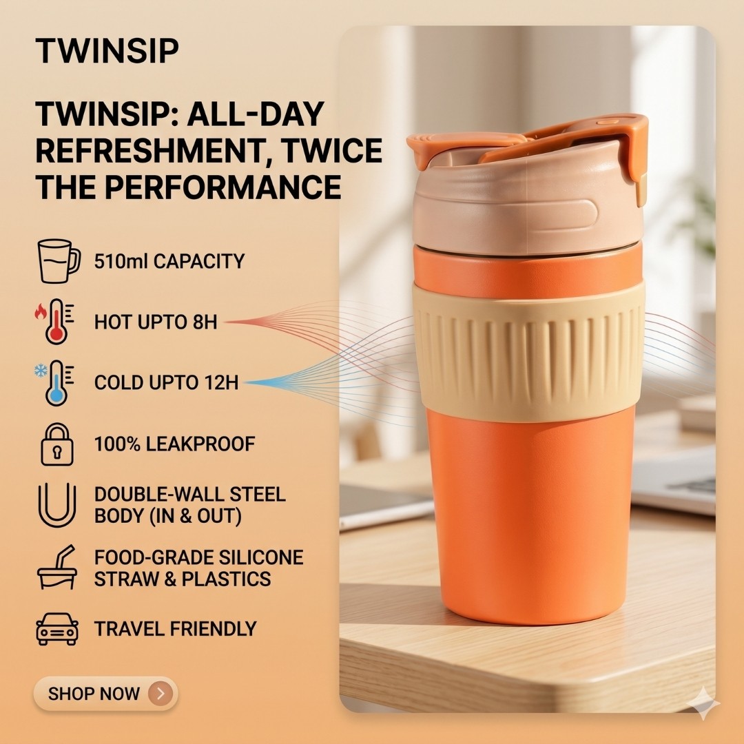 510ml Twin Sip Insulated coffee Tumbler - Orange